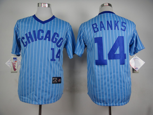 Men Chicago Cubs #14 Banks Blue Stripe Throwback MLB Jerseys